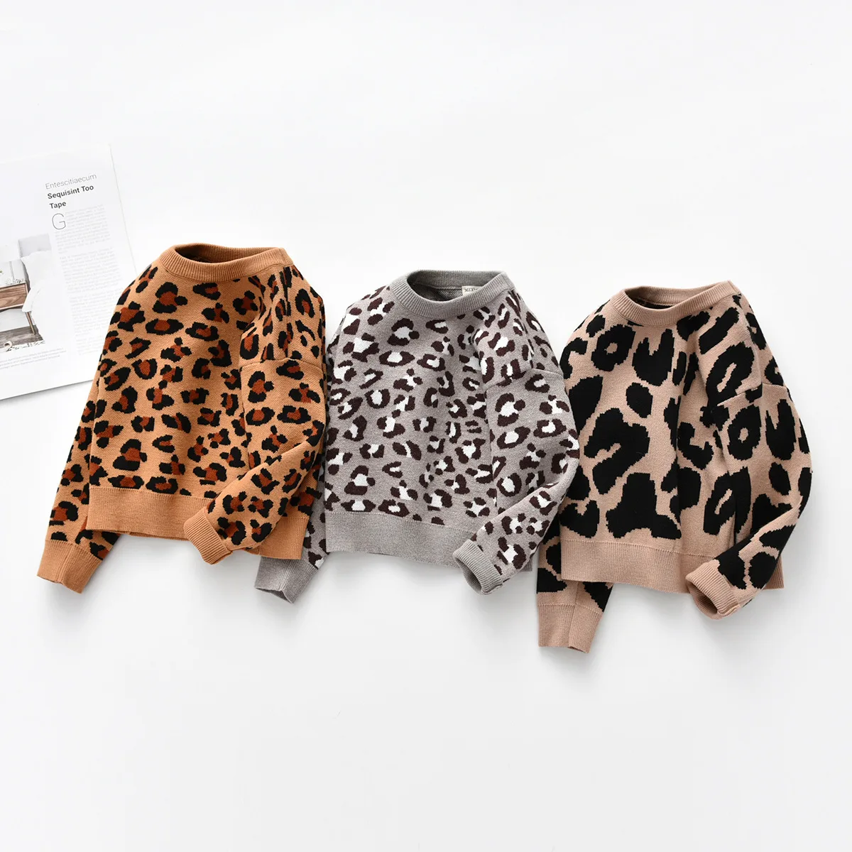 New Baby Pullover Sweater Long Sleeve Crew Neck Leopard Print Children's Sweater Knitted Sweater