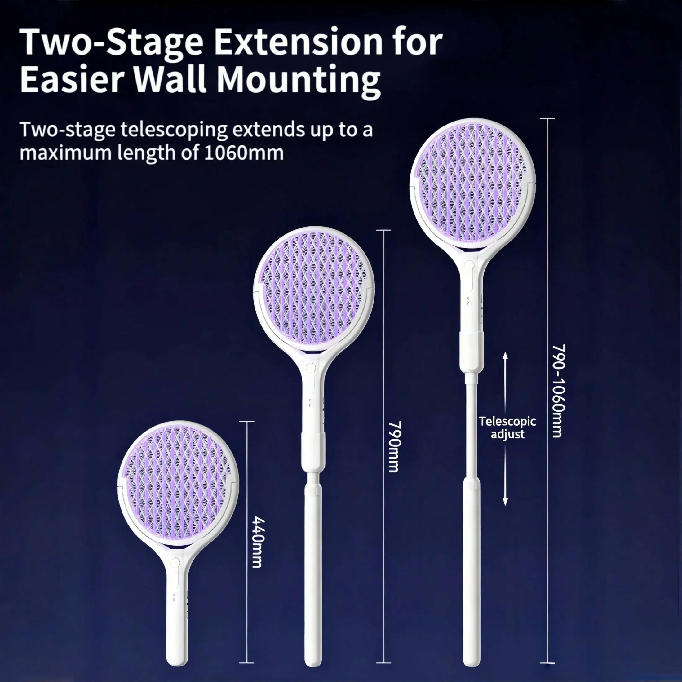 This Upgraded Telescopic Electric Mosquito Swatter Features A USB Charging Base, A Powerful Attractant Light, And A Home Mosquito-Repellent Function. It Employs A Three-Layer Safety Net Design And Is Suitable For Bedrooms, Patios, And Outdoor Use.
