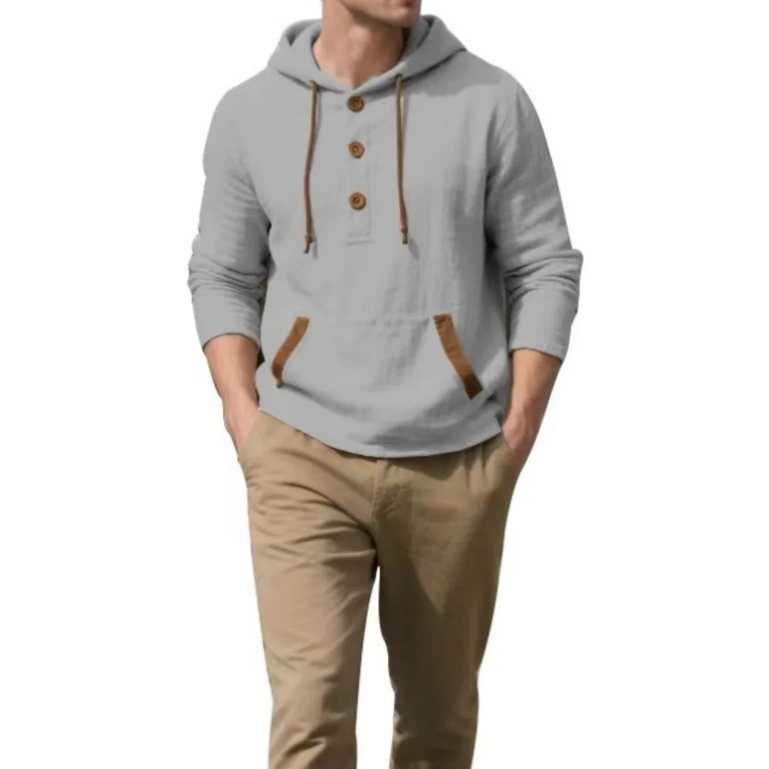 

Spring/Autumn Men's Pure Color Plain-Colored Hooded Long-Sleeved Shirt in Linen - Fashionable Casual Sports Long-Sleeved Henley