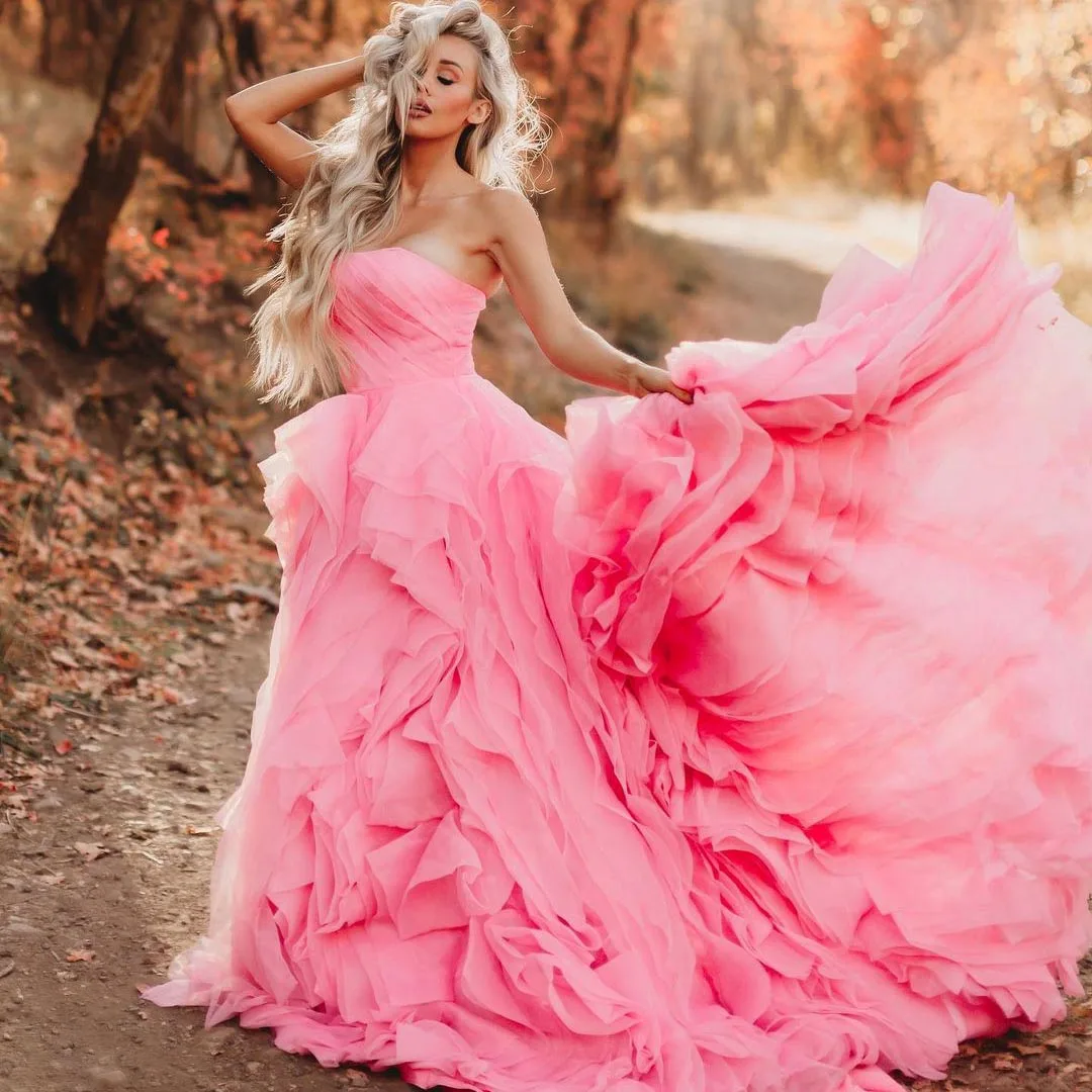 

Exaggerated Ruffled Tiered Tulle Formal Evening Ball Gowns Sweet Baby Pink Lush Mesh Maxi Dresses Strapless Lace Up Back Bridal