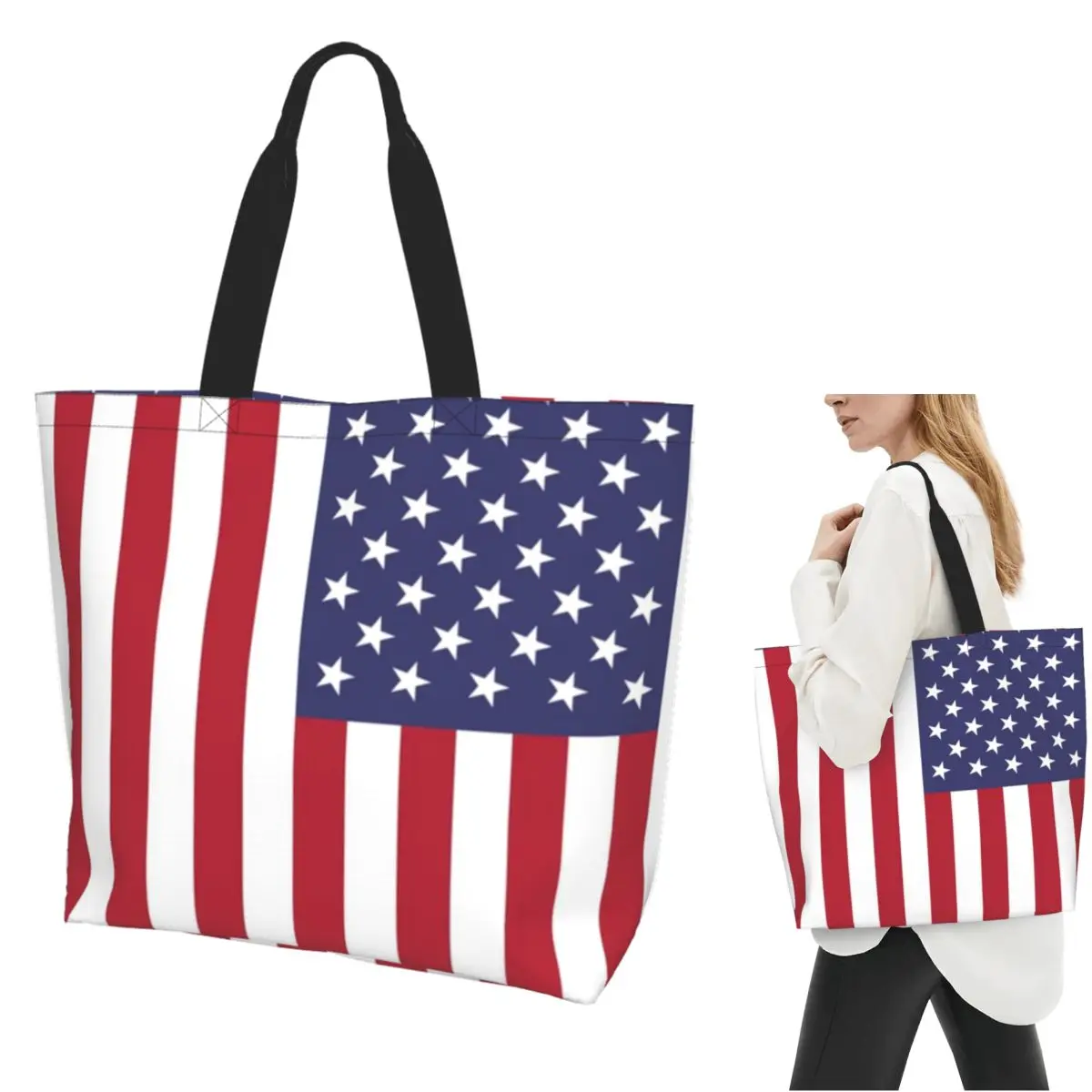 

USA - American Flag Shopping Tote Bag Canvas Large Capacity Shoulder Bags Shopper Grocery Handbag for Women