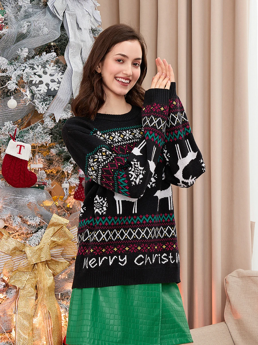 Women s Christmas Sweater Reindeer Snowflake Print Long Sleeve Round Neck Pullover Winter Casual Jumper Top Festive Holiday Wear