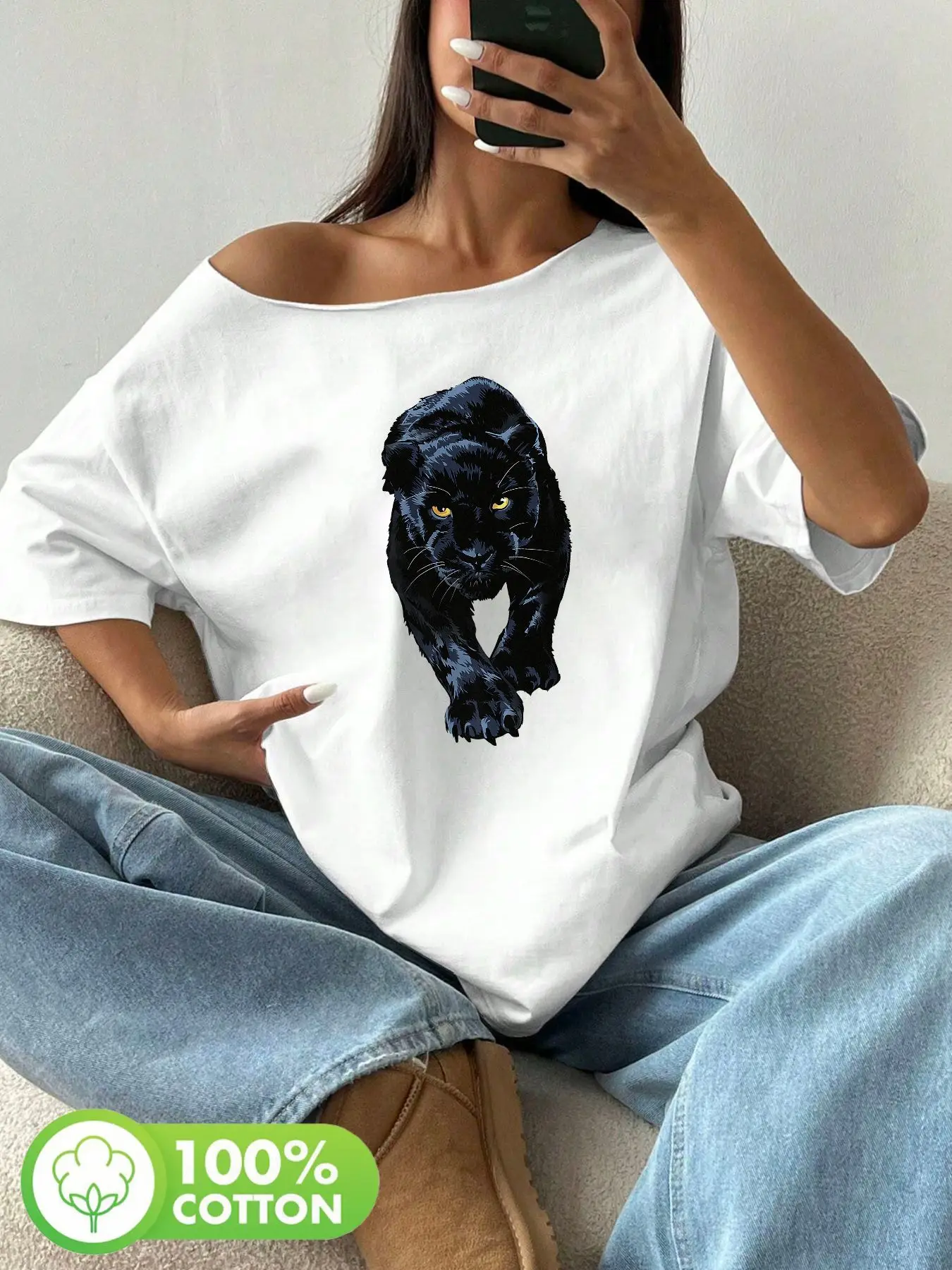 

Plus Size Black Panther Graphic Print 100% Cotton Shoulder Loose Print T-Shirt Oversized Y2K Style Graphic Tees Women Tops Su