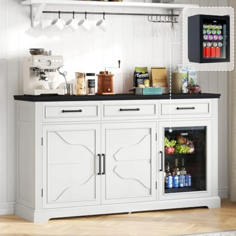 

60" Farmhouse Coffee Bar Cabinet with Beverage Fridge Included,Wine Bar Cabinet with Drawer Storage, Mini Fridge Cabinet, Sideb