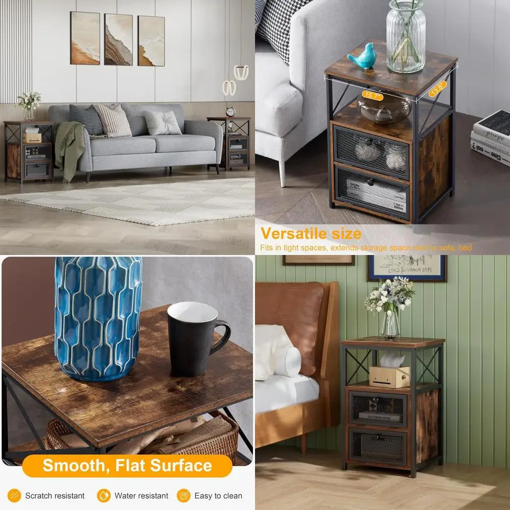 

Pair of Modern Flip-Drawer Nightstands in Amber Brown for Bedroom, Living Room, or Office