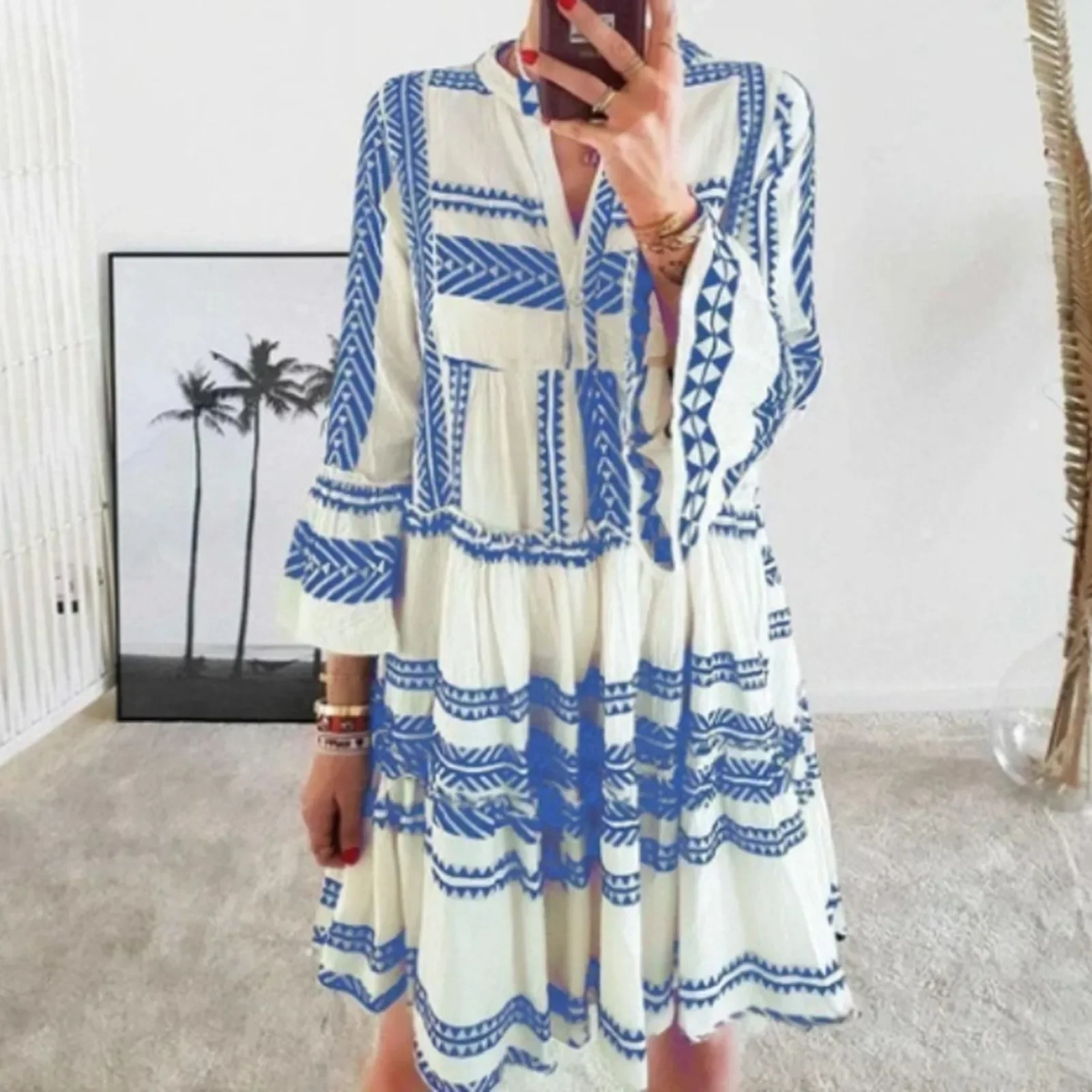 

Women's Short Dress Spring Summer V-neck Long Sleeved Bohemian Beach Dress Casual Commuting Button Printed Women's Dress 2024