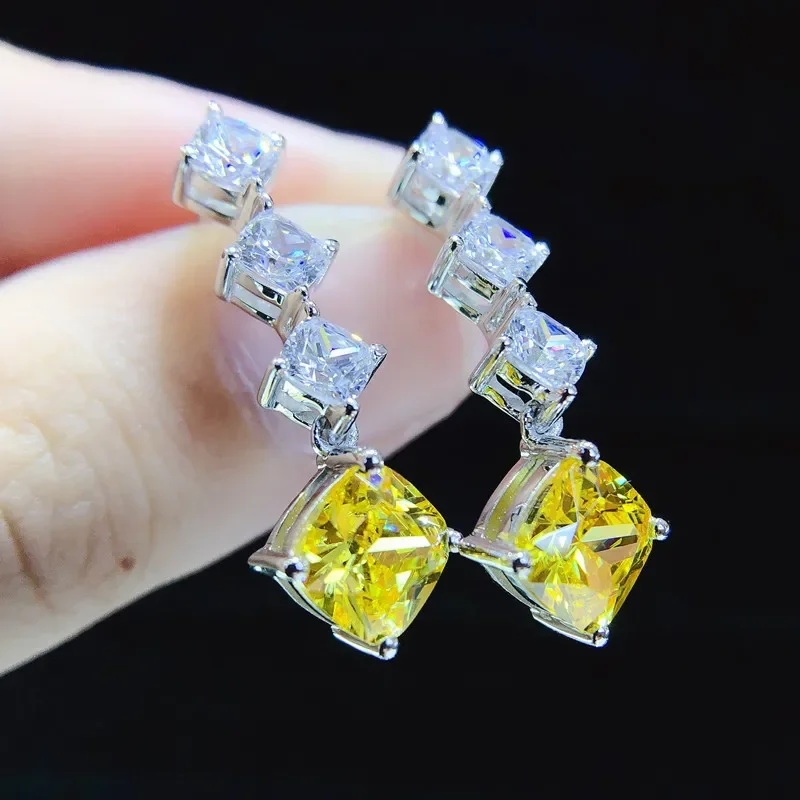 Solid 18K White Gold Platinum PT950 Women's diamond earrings set with fat square yellow diamond ear dangles