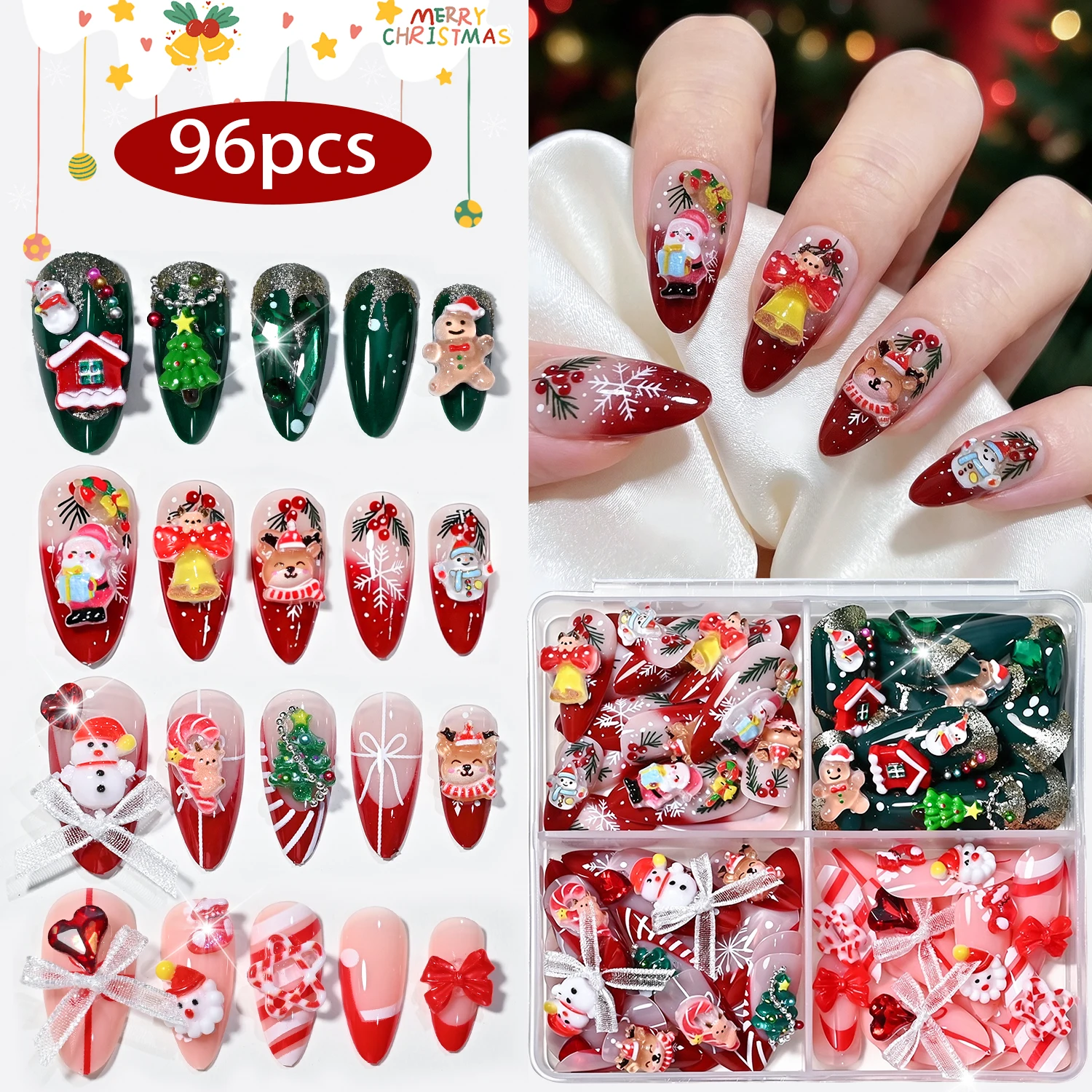 96Pcs French Almond Christmas Press On Nails 3D Santa Elk Gingerbread Snowman Tree Handmade Fake Nail Winter Party False Nails T