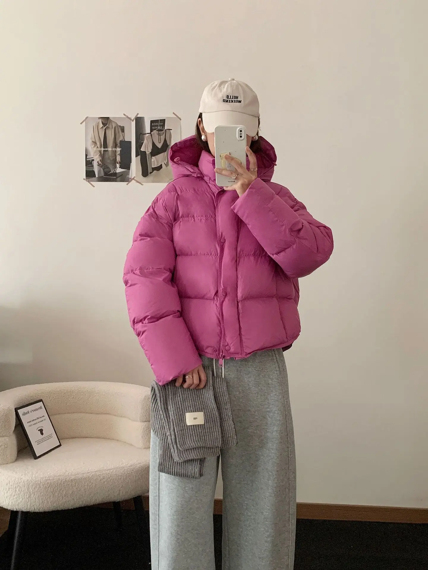 Korean Cropped Hooded Down Jacket for Women Winter Thickened White Duck Down Coats Woman Solid Color All Match Puffer Jackets