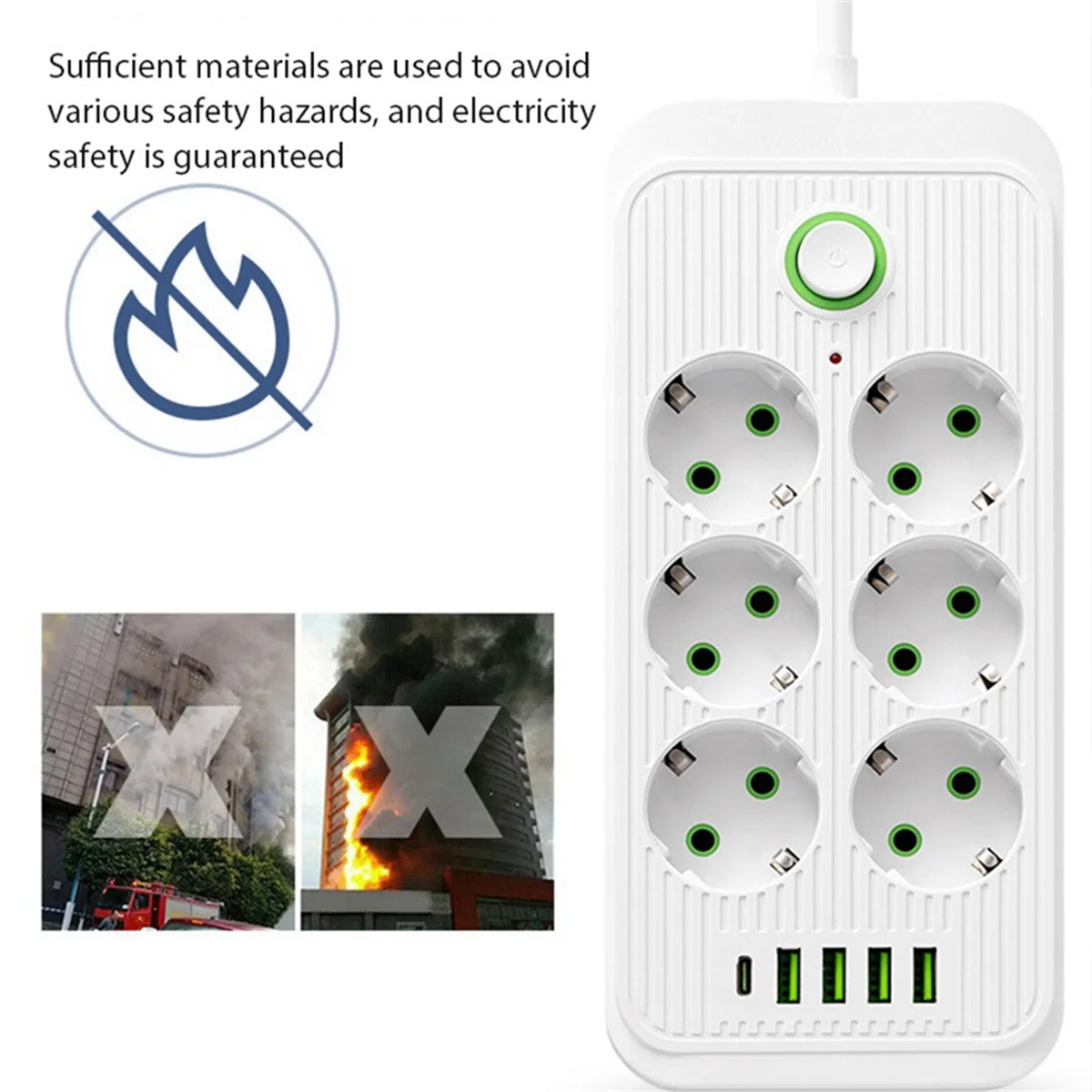 EU Power Strip Multiprise 6AC Outlets Electrical Socket with 4 USB 1 Type-C Network Filter Fast Charging EU Plug Black