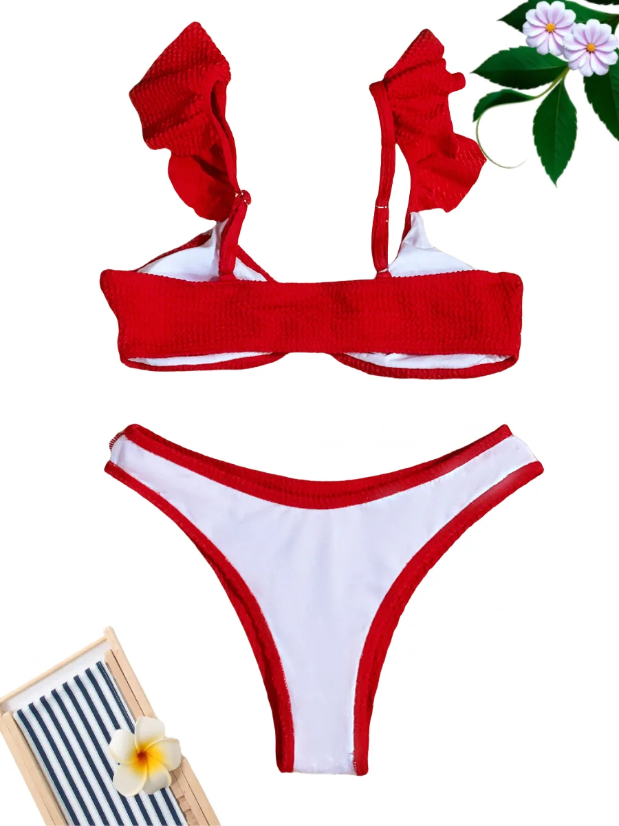 2024 Sexy Bikini Set Ruffled Swimsuit Solid Color Slim 2 Piece Swimsuit Women Summer Triangle Bikini Swimsuit Beach Swimsuit