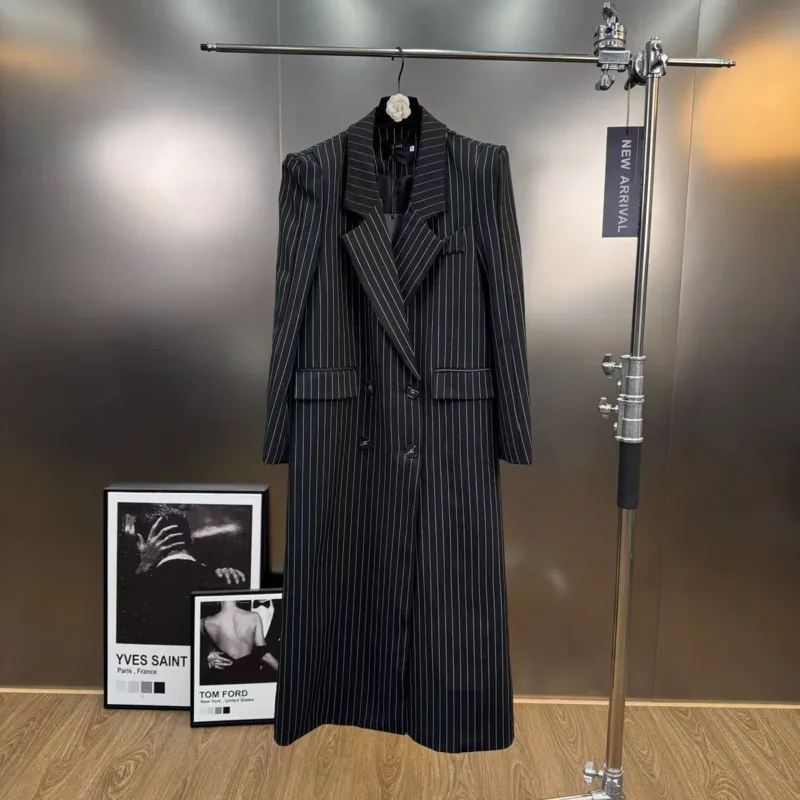 HKSH Primavera Autunno Nuove Donne Giacca Lunga Colletto Dentellato A Righe Doppio Petto Trench e Impermeabili Pantaloni A Gamba Larga Alla Moda Casual HK12584