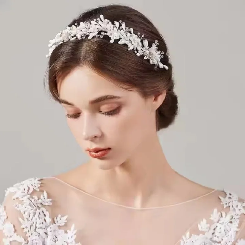 SLBRIDAL Handmade Flexible Soft Rhinestones Crystals Ceramic Flower Bridal Tiara Headband Wedding Crown Women Headdress  Jewelry