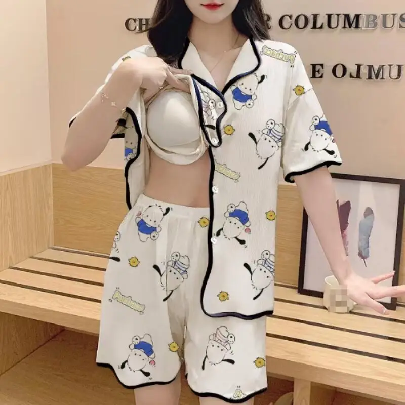 

Women's Cartoon Short-Sleeved Shorts Home Clothes Women's Summer New Lapel Cardigan Pants Pajamas Students Sweet Two-Piece Set