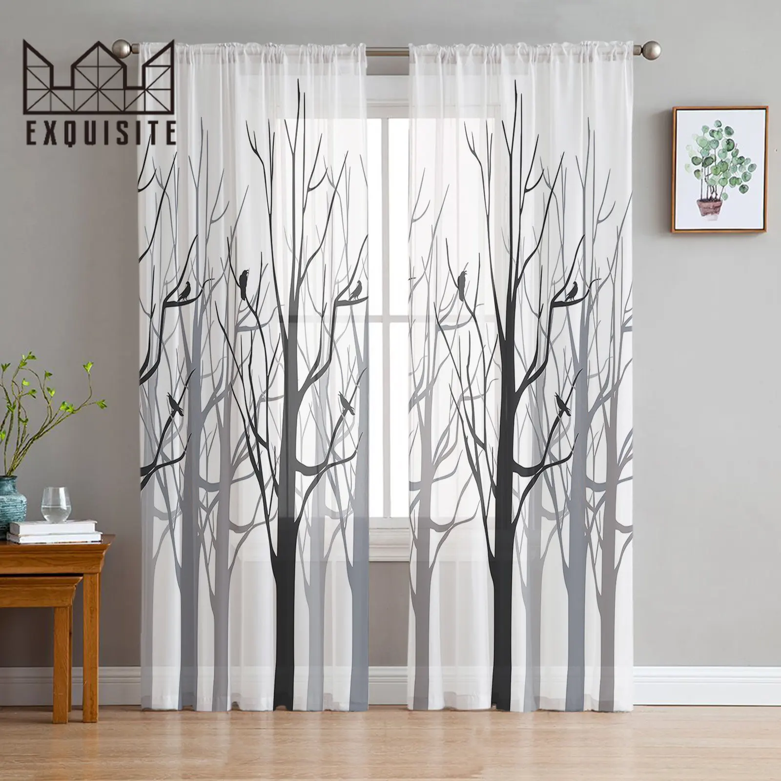 Branch Silhouette Bird Tulle Curtain for Living Room Balcony Decor Sheer Curtain for Kitchen Bedroom Fashion Home Decor