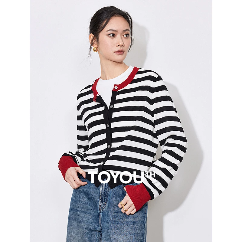 TOYOUTH Women Knitwear 2025 Spring New Round Neck Contrast Striped Single Breasted Button Cardigan Woolen Coat Tops