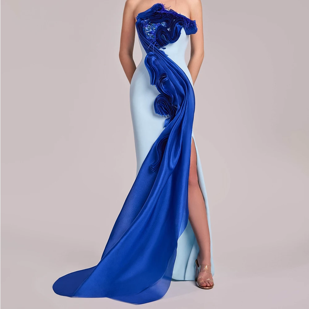 

Customized Exquisite Front Slit Feathers Pleats Beading Crystal Evening Dress Graceful Mermaid Strapless Jersey Party Gown