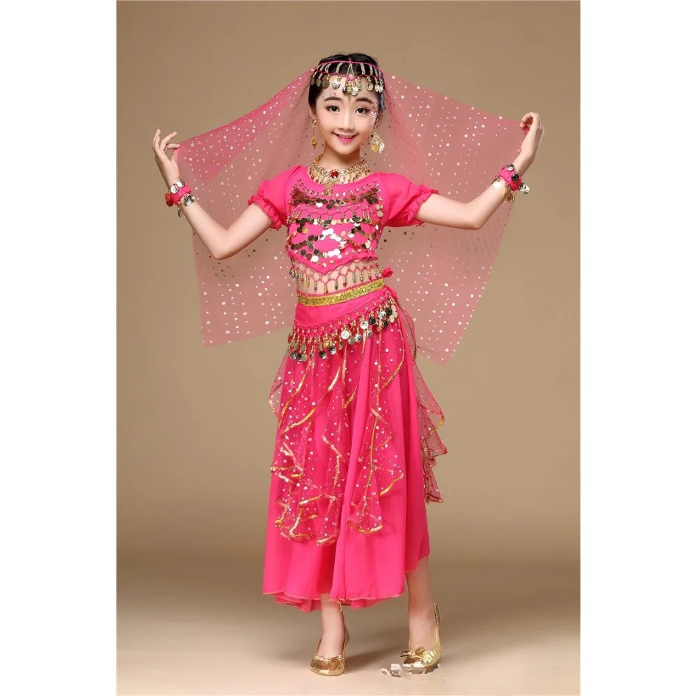 Traje de performance de dança indiana infantil, roupa de dança do ventre para meninas