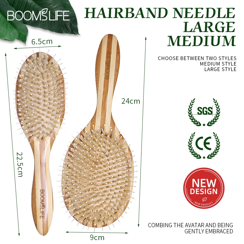 BOOMSLIFE Custom White Boar Bristle Bamboo Hair Brush Mix Nylon Women Massage Scalp Wood Comb for Hair Beauty Barber Accessories