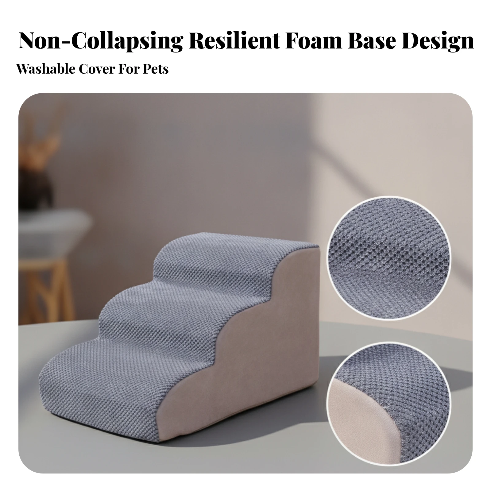 3-Step Pet Staircase Easy to Clean Foam Dog Stairs Pet Steps with Textile Cover Washable Lightweight for Small Dogs, Sofa