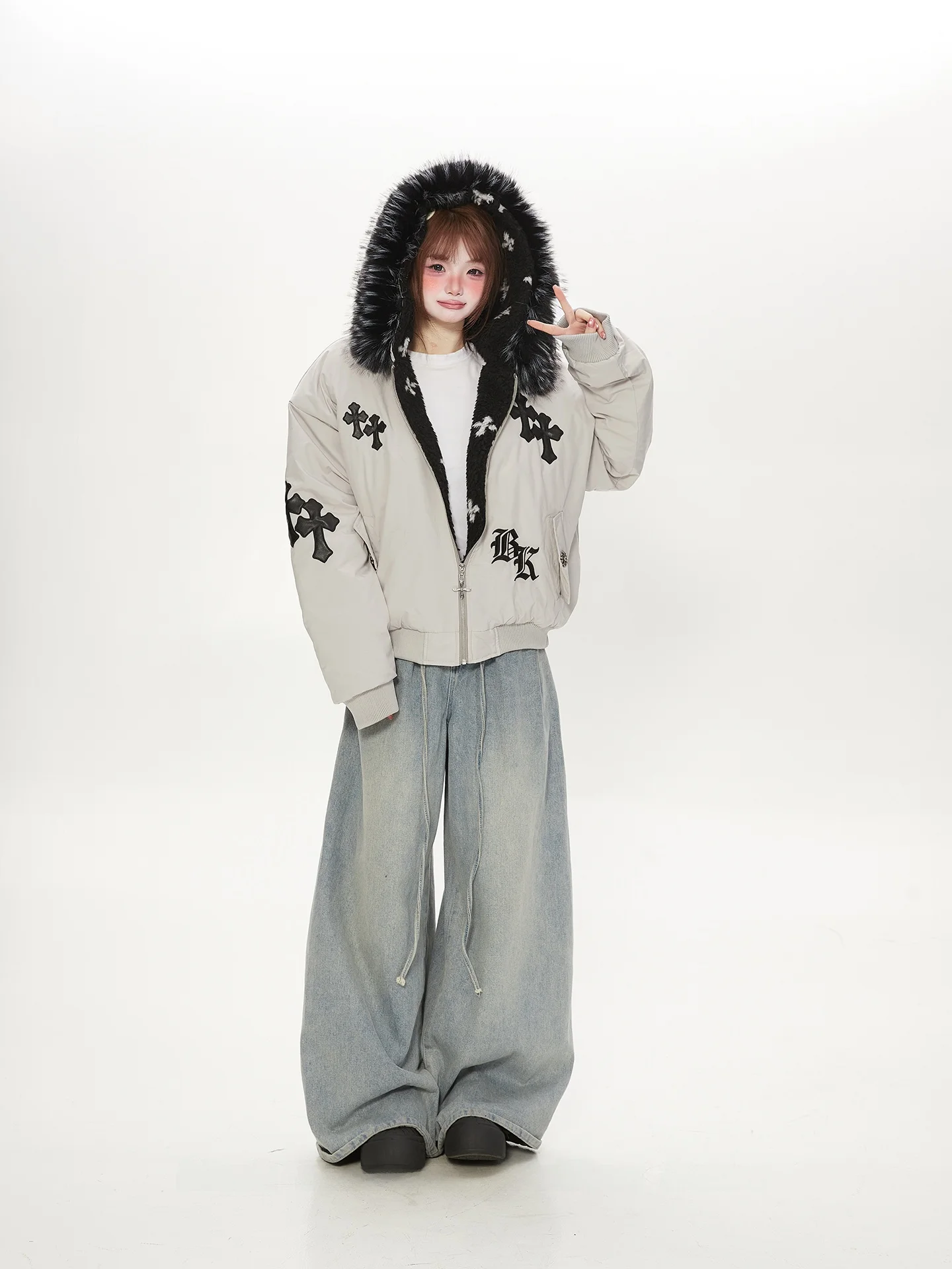 

Ретро-куртка в американском стиле для женщин, хлопковая, с воротником из овечьей шерсти, вышивкой и пэчворком, длинный рукав, на молнии, утепленная