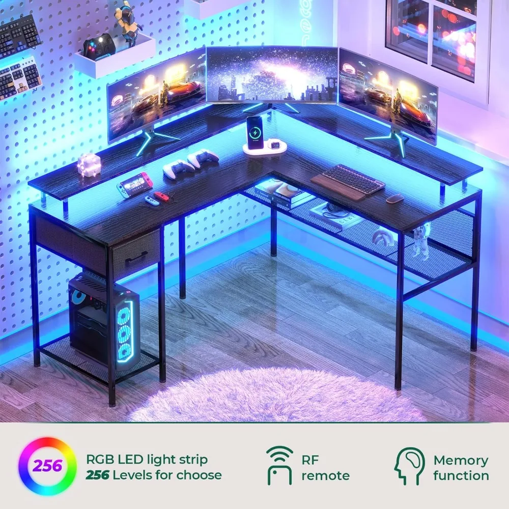 L Shaped Gaming Desk, Mesa do Computador com Prateleiras De Armazenamento, Luzes LED e Tomadas De Energia