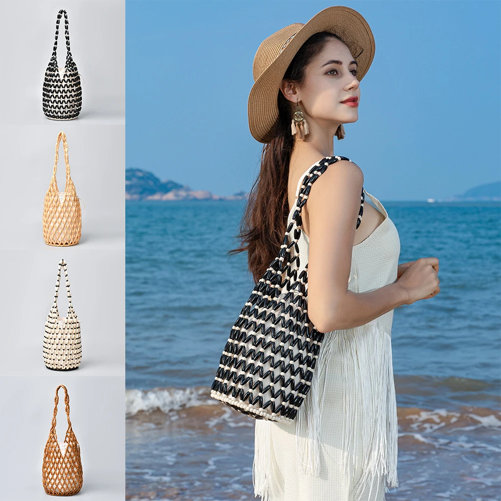 

Women Woven Hand Bag Summer Design Hollow-out Wooden Bead Tote Bucket Shoulder Bag Female Reticulate Netted Canvas Beach Handbag