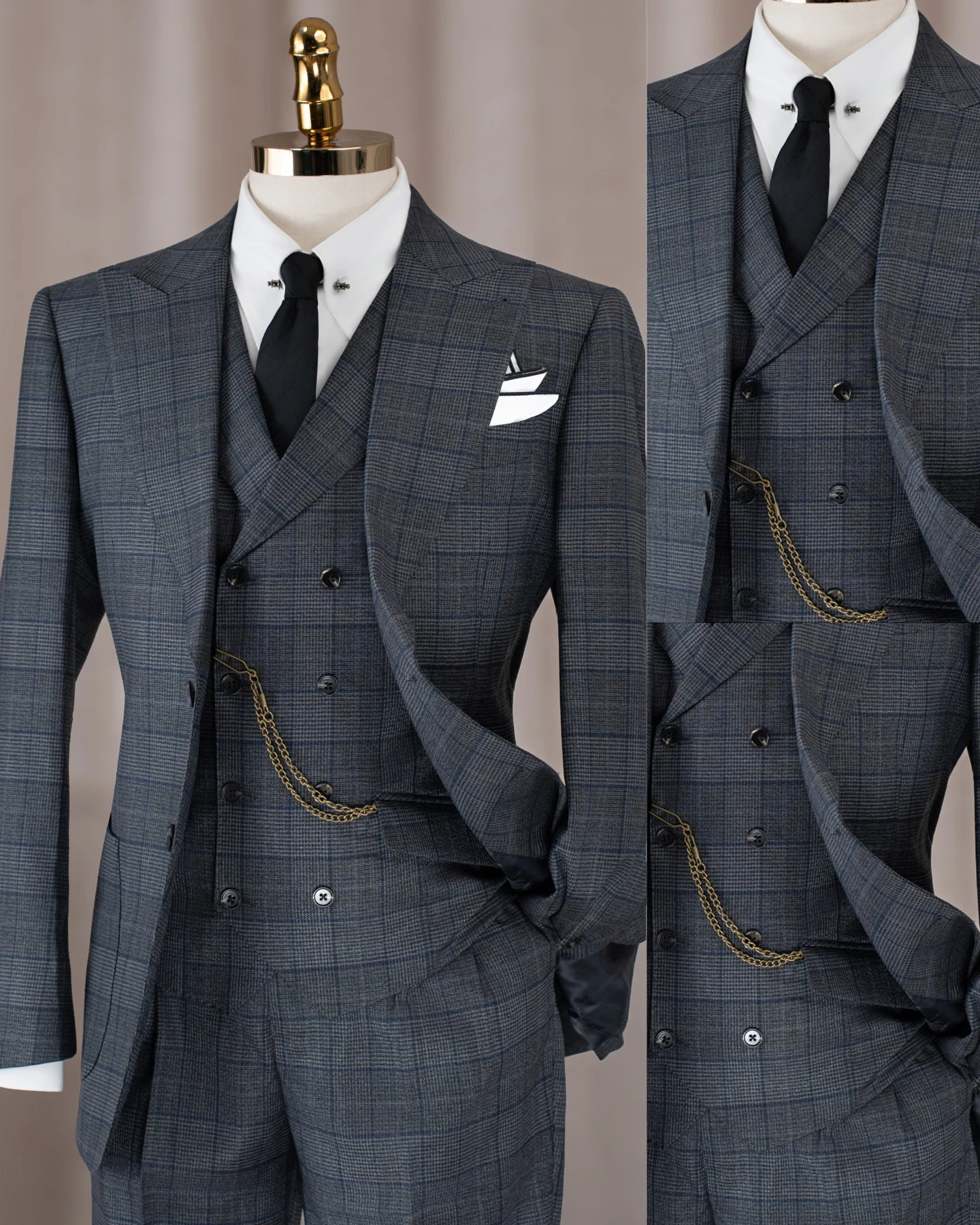 Vintage Men Jacket Pants Suit Line Plaid Peaked Lapel Two Button Business Wear 2 Piece Customized Slim Fit Formal Set