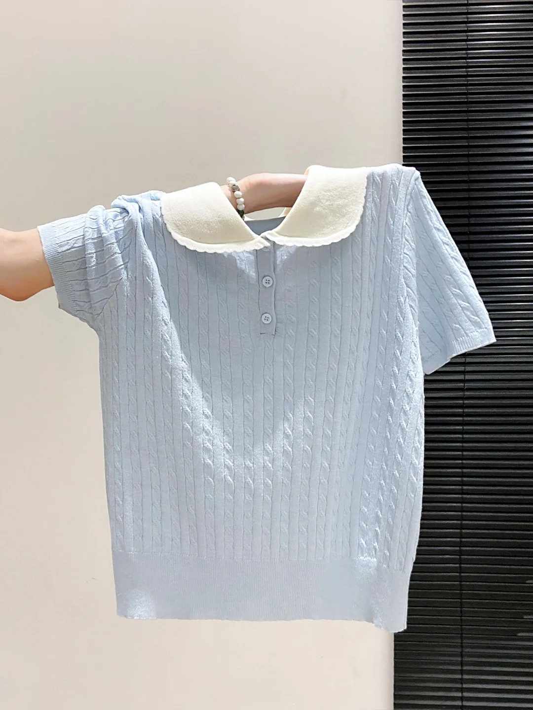 Korean Style Short Sleeve Knitted  Shirt Women's Summer New College Style Age Reduction Twist Flip Collar Versatile Overh...
