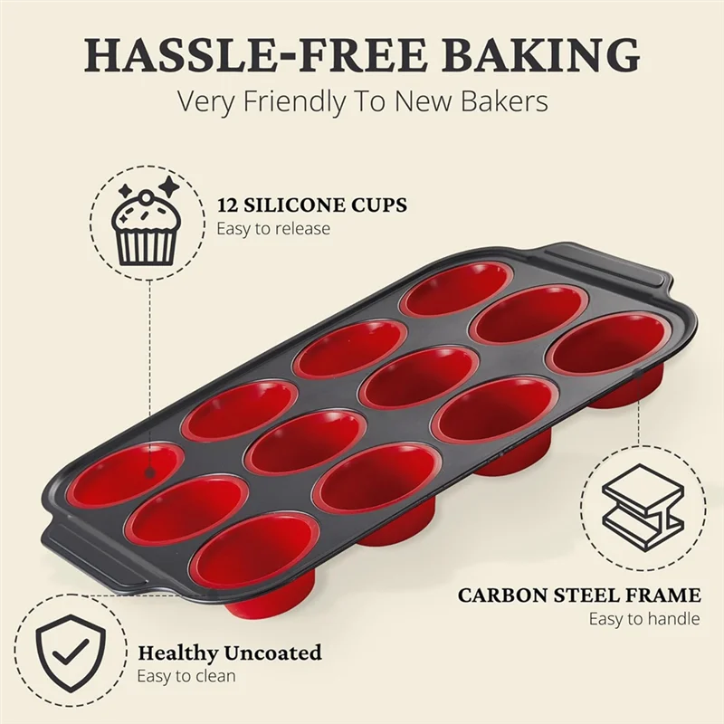 Forma de muffin de silicone com estrutura de metal, moldes de silicone para fazer mordida de ovo para assar, panelas de cupcake 12 tamanho regular-AT64
