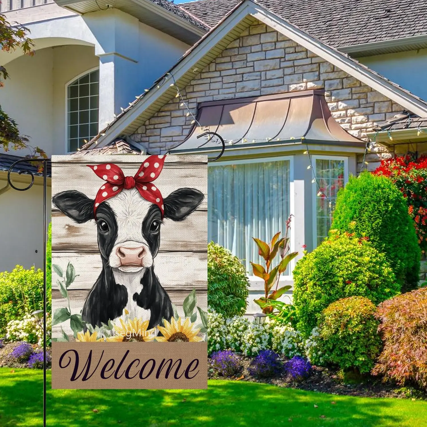 Sunflower Spring Summer black and white Cow Garden Flag 12x18 Inch Double Sided Outside, Welcome Wood Grain Yard Outdoor bla yyi