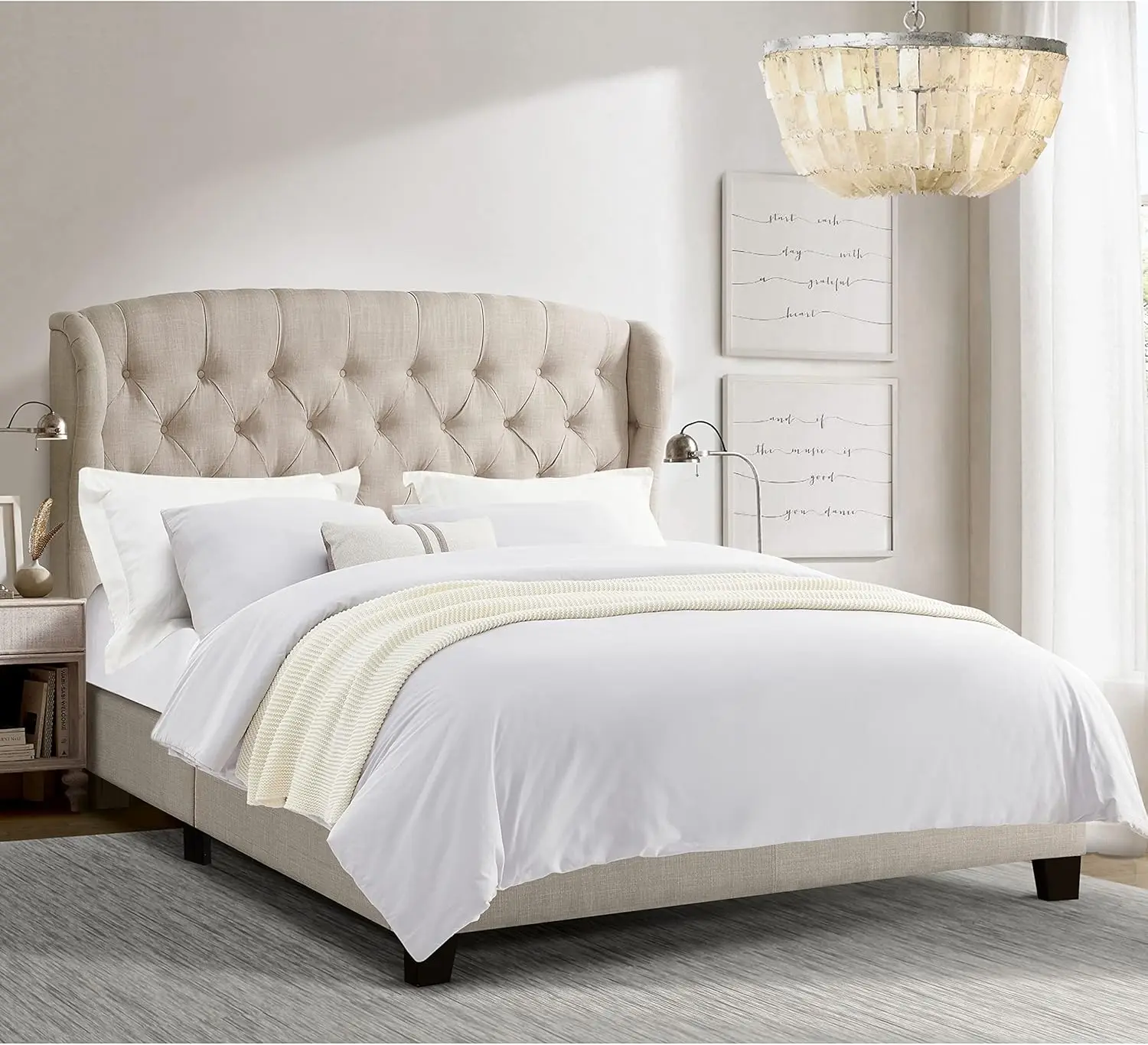 Rosevera Marcelle Bed Frame,Wingback Bed Frame With Signature Design Adjustable Headboard,Upholstered With Button Tufting Bed