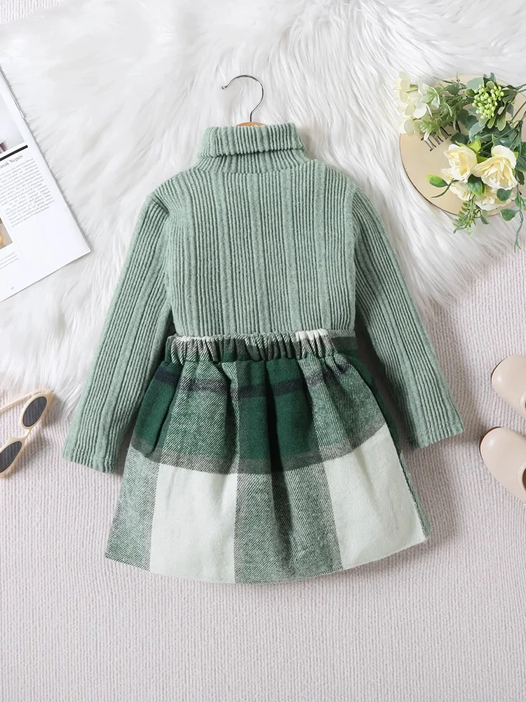 2pcs Winter Girls Casual Set Striped Woolen High Neck Top with Checkered Printed Bow Short Skirt Children's Princess 4Y-7Y