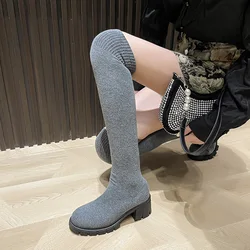 Sexy wysoka skarpeta buty damskie zimowe nowe mody na kolana ciepłe Botas Mujer zamszowe czółenka sznurowane buty wysokie buty na obcasie