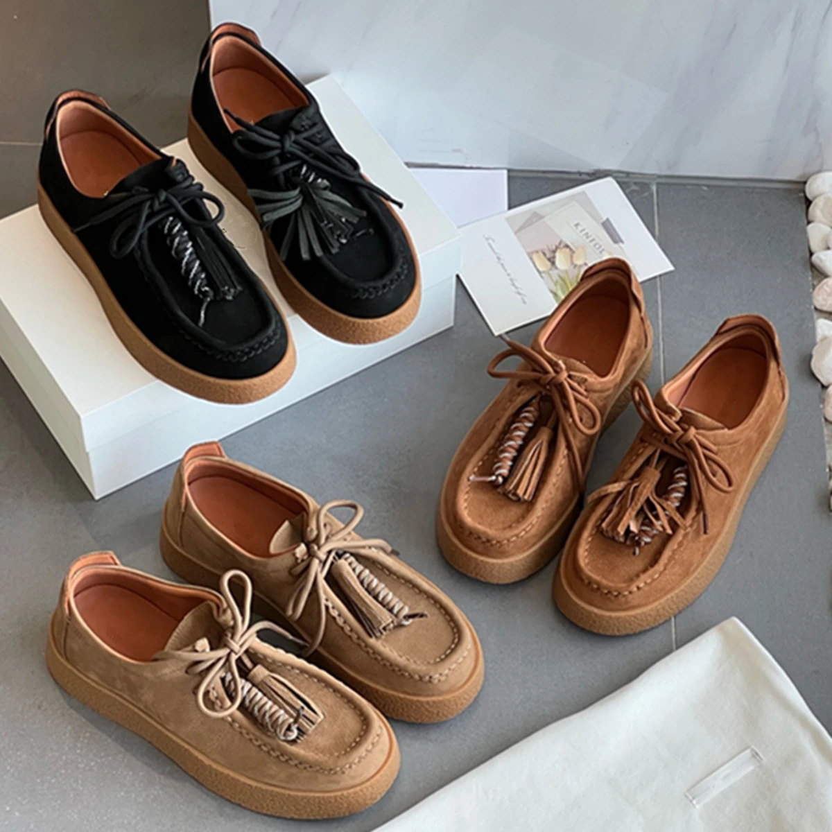 

Maxdutti Top Quality Shoes Women Minimalist Handmade Cowhide Leather Shoes British Women's Tassel Decorated Fat Shoes