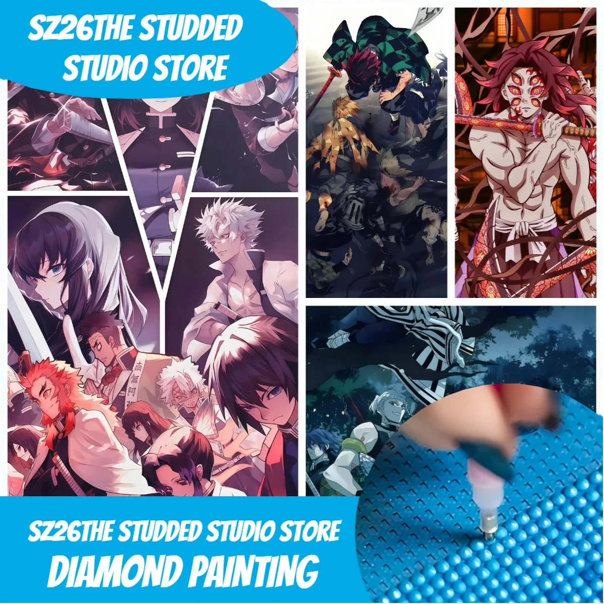 Sz26 Pintura de diamantes 5D con todos los personajes de los Hashira de Kimetsu No Yaiba, el anime Demon Slayer, con diseño de tachuelas, para bricolaje.