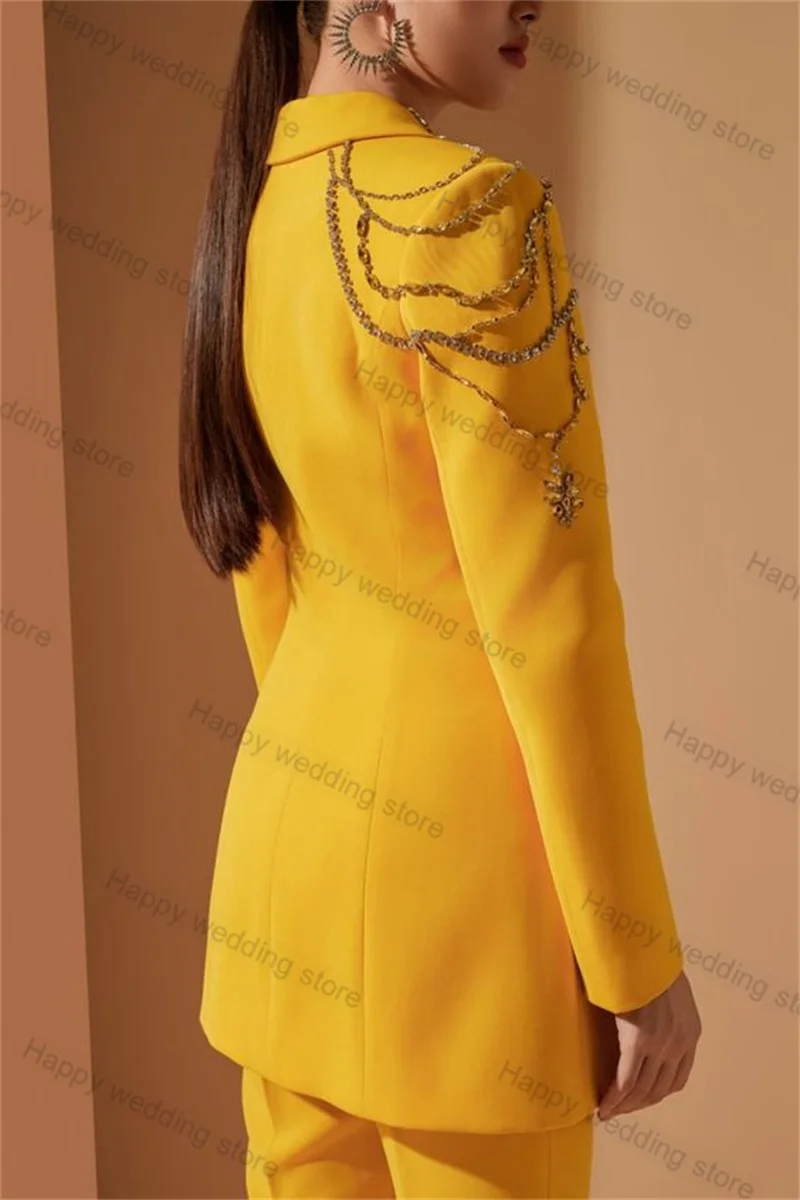 Crystal Yellow Women Suit Set 2 Piece Blazer+Flare Pants Formal Office Lady Wedding Tuxedo Prom Jacket Custom Made Coat Trousers