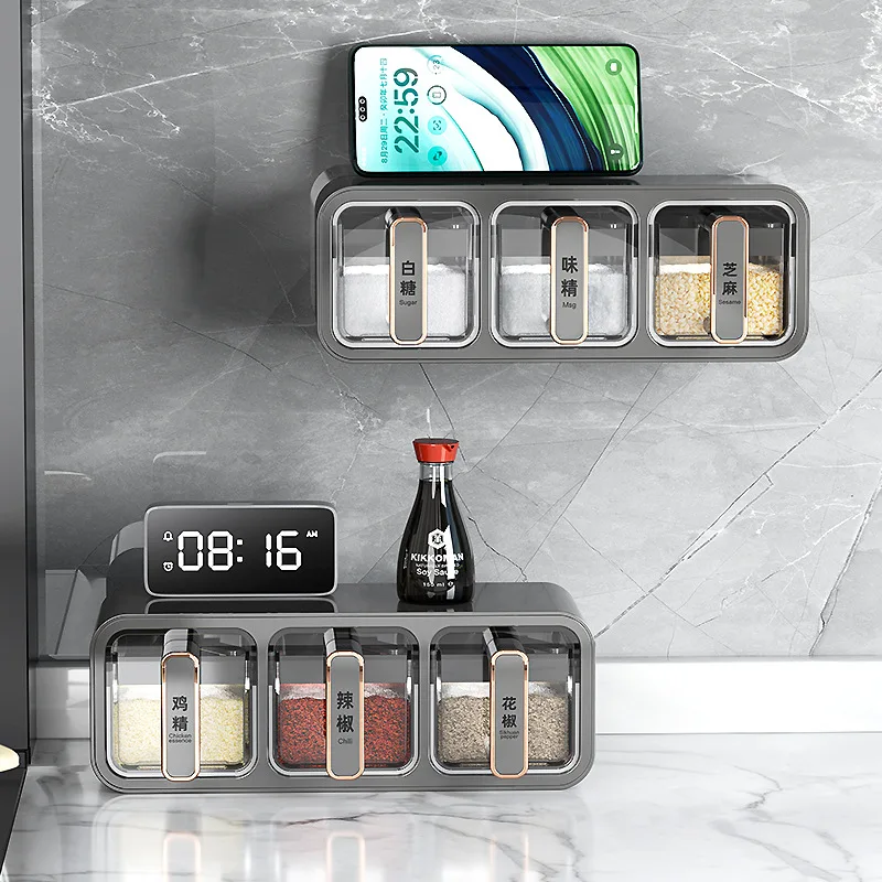 

Kitchen Spice Rack - No-Drill Wall-Mounted, Space-Saving Condiments Set with Jars Containers, Easy Install Organizer for Kitchen