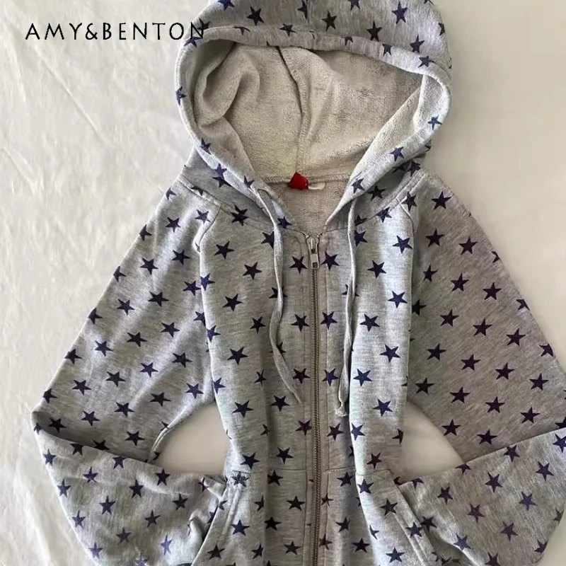 

Original Korean Design Gray Star Hooded Zipper Women's Jacket 2026 Spring Autumn New Casual Loose Versatile Girl Jackets Ladies