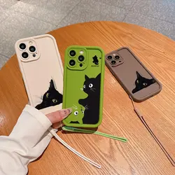 Cartoon Black Cat Phone Case for OPPO Realme 8 8i 7i 11 C11 C12 C15 C20 C21Y C31 C33 C35 C53 C55 C67 4G 5G Cover With Hand Strap