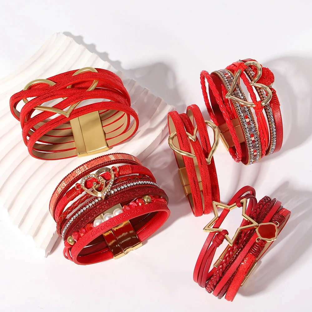 ALLYES Elegant Heart Star Red Leather Bracelet for Women Boho Retro Multilayer Wrap Wide Bracelets & Bangles Mother's Day Gifts