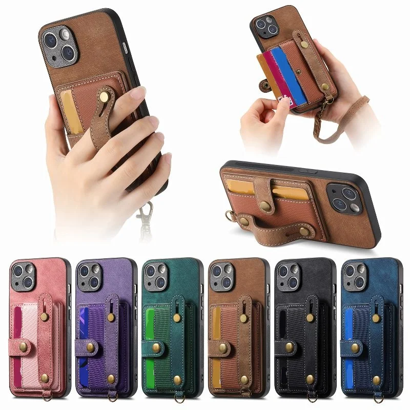 

The Back Wallet Card Phone Case For iPhone 15 14 Plus 13 12 11 Pro XR X XS Max SE 8 7 6 Plus Wrist Strap Leather Phone Cover