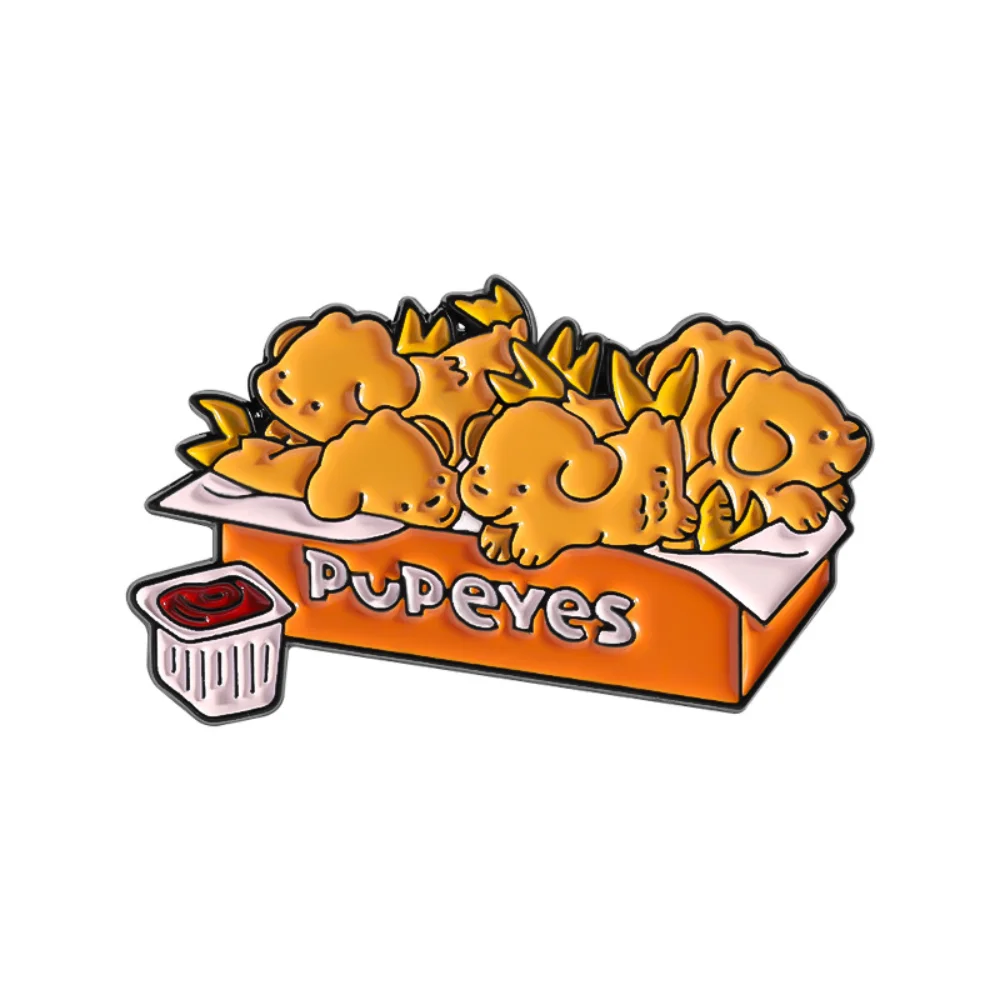 Broche de Perrito Adorable en Caja de Pollo Frito PUPPIES, Mini Emblema de Perro en la Caja, Accesorio para Ropa y Bolsos con Caja de Salsa