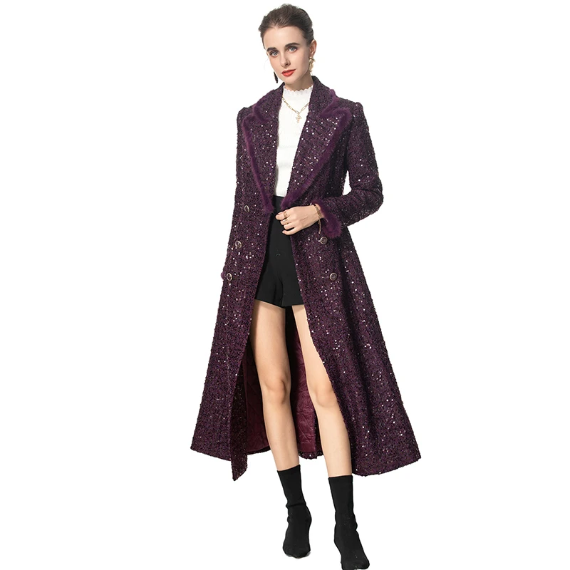 QMQA Fashion Women's Double Breasted Sequins Tweed Coat Turn-down Collar Long Sleeves Feathers Office Lady Outerwear Autumn A840