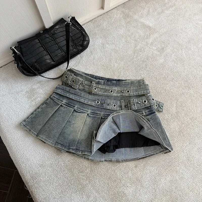 Y2K Harajuku High Street 90s Fashion Women Rivet Decor Belt Denim Sexy A-line Mini Skirt Casual Daily Summer Short Apparel