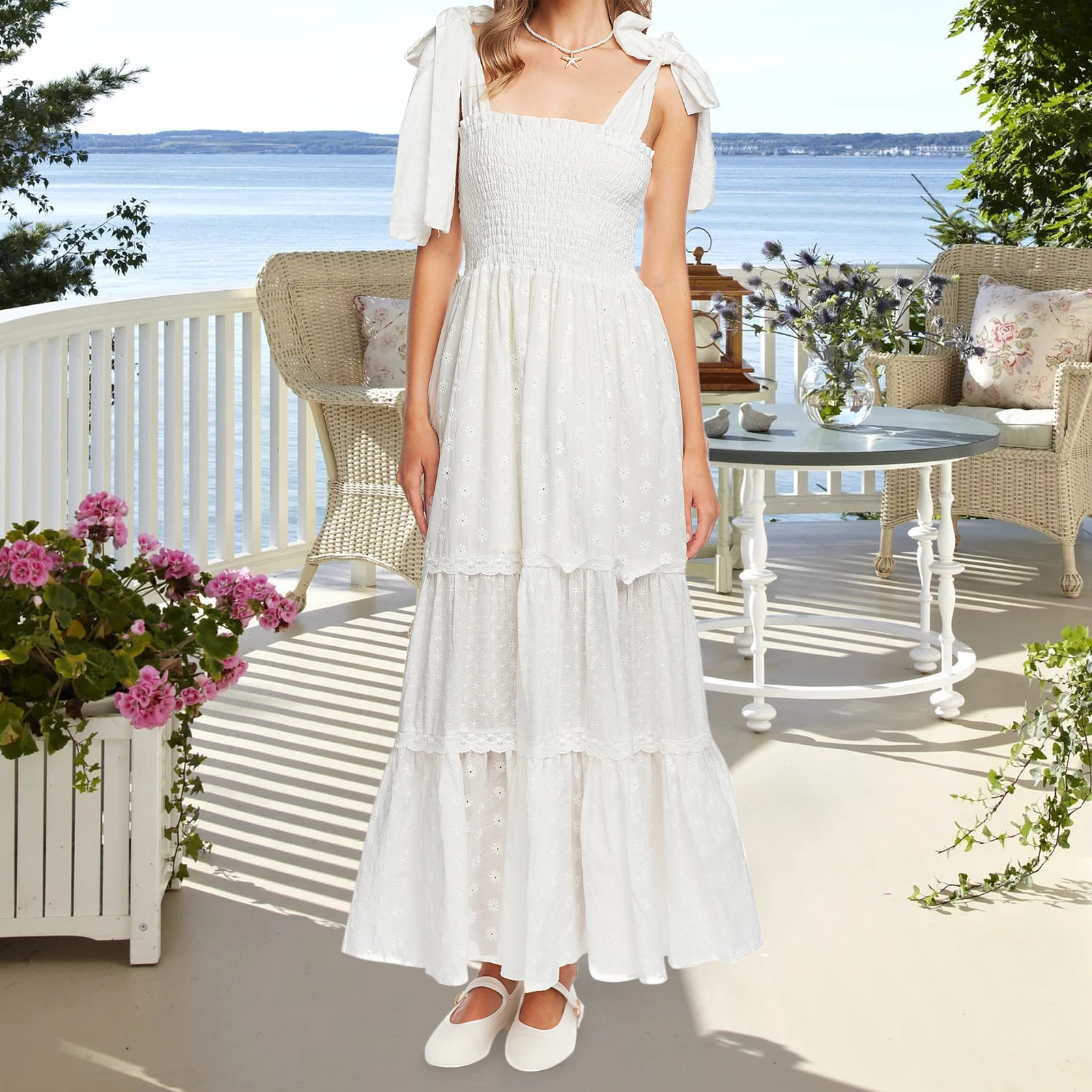 Women’s Tie Shoulder Dress Summer Sleeveless Square Neck Eyelet Dress Long Smocked Dress