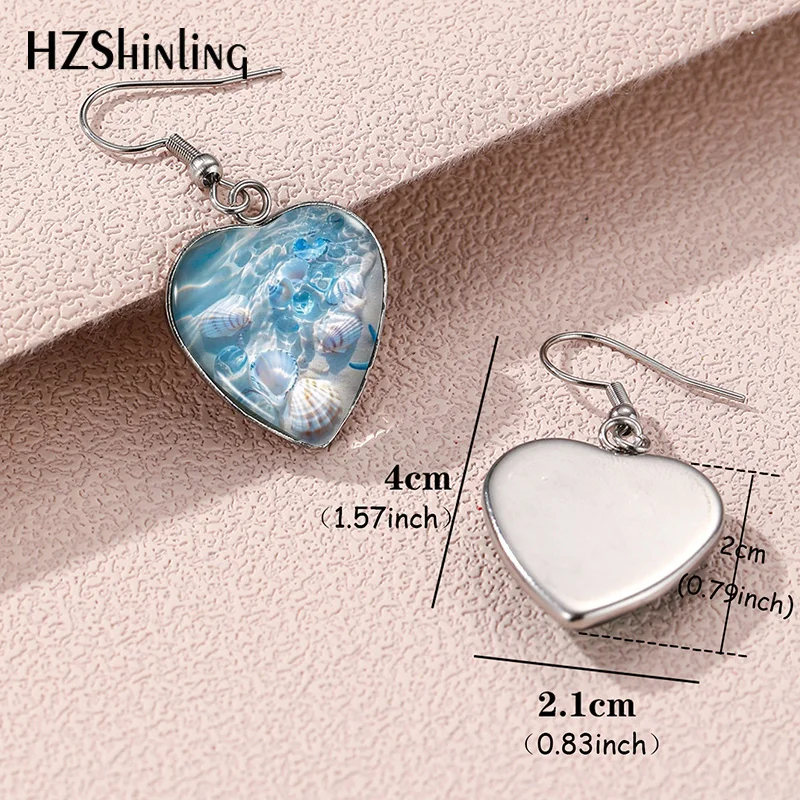 Fashionable seashells in the sea Heart French Hook Earrings Stainless Steel Dangle Earrings Glass Handmade Craft Jewelry