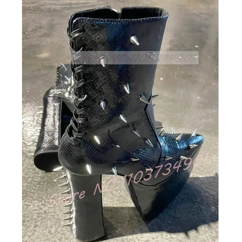 

Ботинки на платформе с острым носком и змеиным узором, женские ботинки в стиле Лолиты с заклепками, черные ботинки на массивном каблуке со шнуровкой, женские вечерние ботильоны в стиле панк