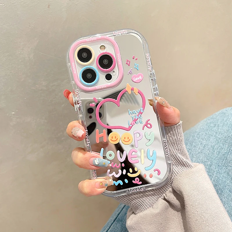 Cute Hello Happy Lovely Girl Color With Mirror Phone Case For iPhone 11 12 13 14 15 16 Pro Max Shockproof Back Cover Y2k Girls