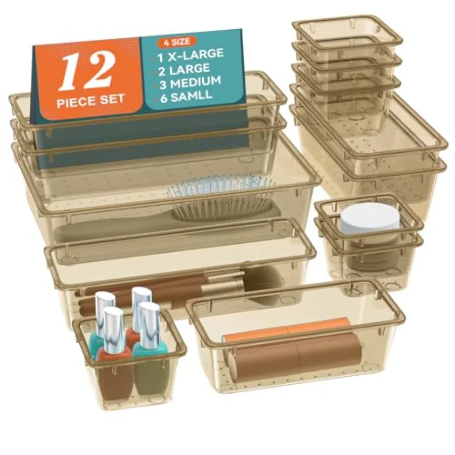 

12 PCS Drawer Organizer Set, 4 Sizes Tool Storage Trays, Clear Plastic Makeup Vanity Organizer and Storage Bins for Stationerie